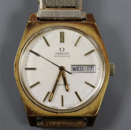 A gentlemans steel and gold plated Omega day/date automatic wrist watch.